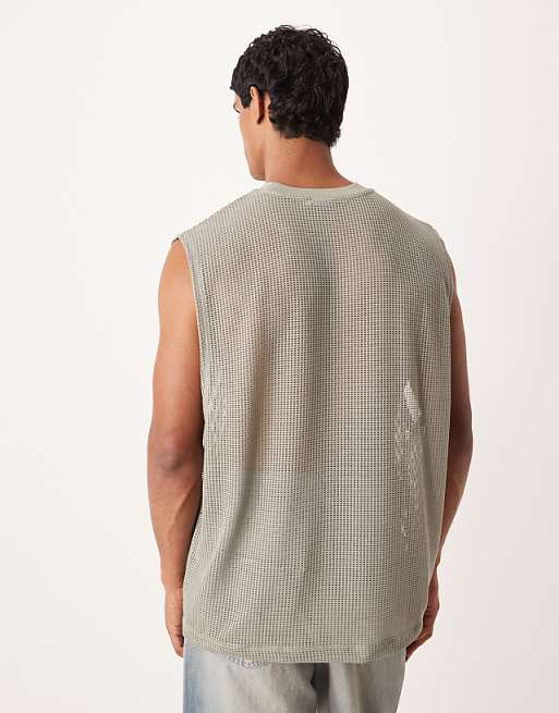 ASOS DESIGN Oversized Tank With Dropped Armhole In Sage Open Mesh