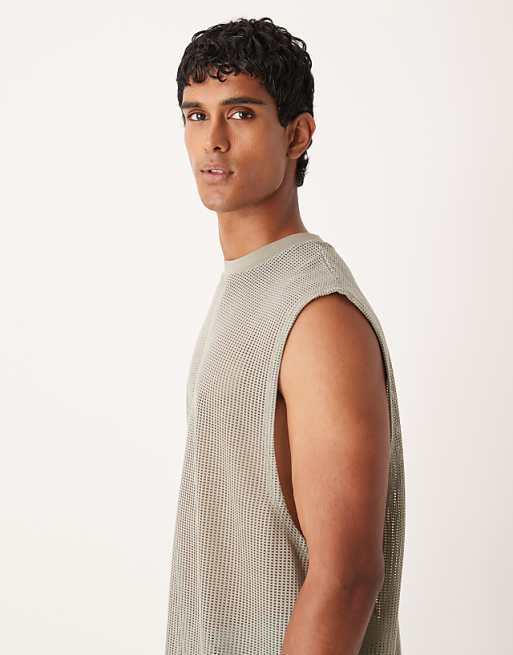 ASOS DESIGN Oversized Tank With Dropped Armhole In Sage Open Mesh