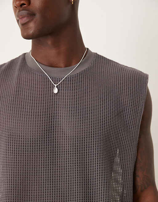 ASOS DESIGN Oversized Tank With Dropped Armhole In Charcoal Open Mesh