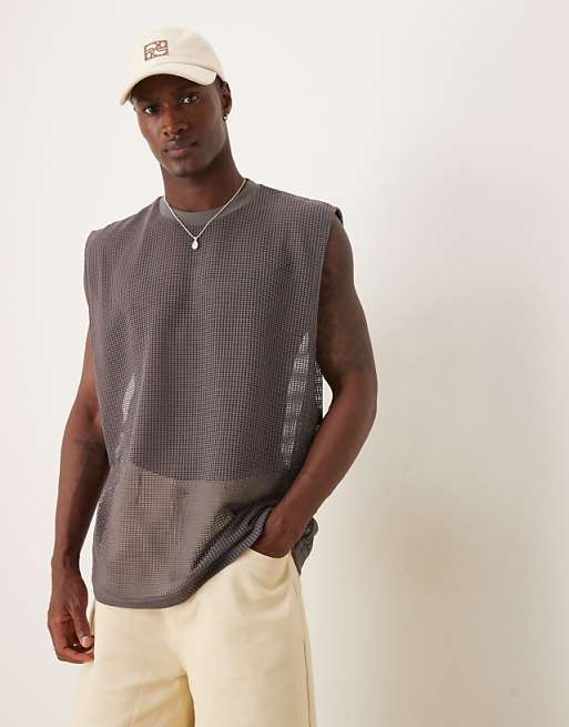 ASOS DESIGN oversized tank with dropped armhole in charcoal open mesh