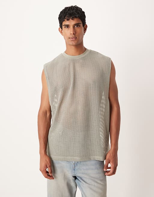 ASOS DESIGN oversized tank with dropped armhole in sage open mesh
