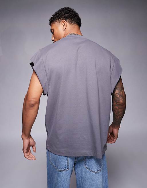 ASOS DESIGN Oversized Tank With Raw Hem Sleeve In Charcoal