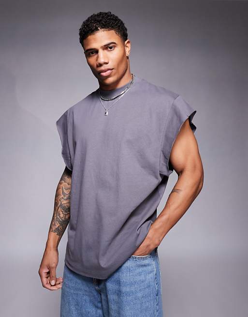 ASOS DESIGN oversized tank with raw hem sleeve in charcoal