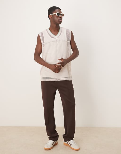 ASOS DESIGN Oversized Tank With V-neck In Stone Open Mesh