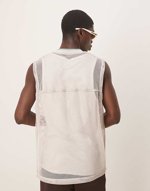ASOS DESIGN Oversized Tank With V-neck In Stone Open Mesh