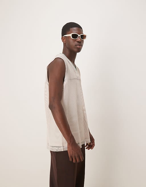 ASOS DESIGN oversized tank with v-neck in stone open mesh