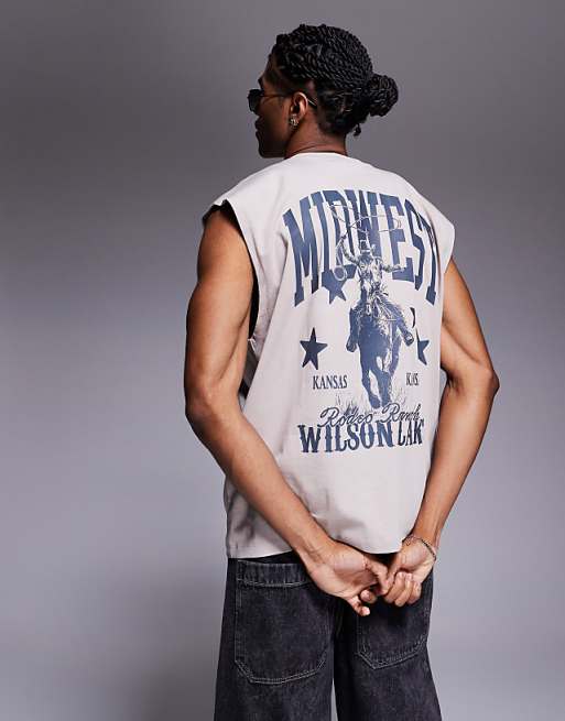ASOS DESIGN oversized tank with western graphic in stone