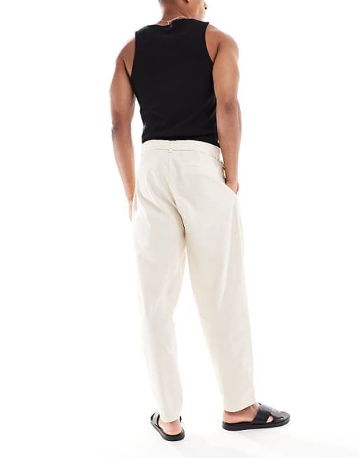 ASOS DESIGN Oversized Tapered Linen Look Trouser With Belt In Beige