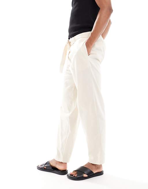 ASOS DESIGN Oversized Tapered Linen Look Trouser With Belt In Beige
