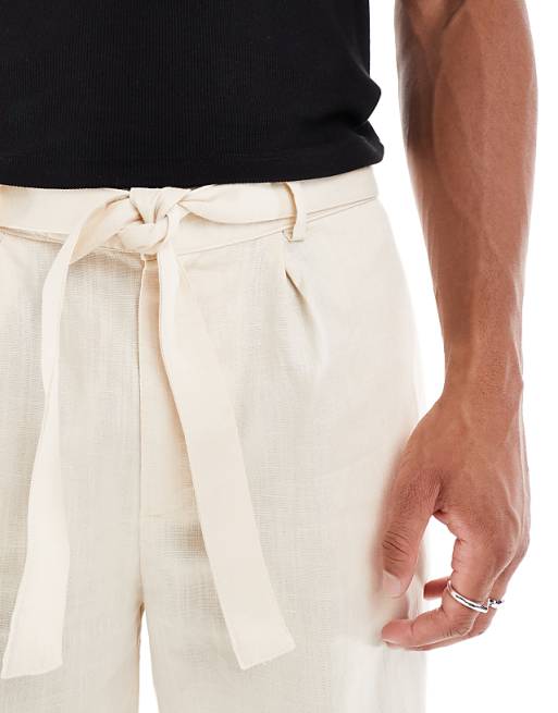 ASOS DESIGN Oversized Tapered Linen Look Trouser With Belt In Beige