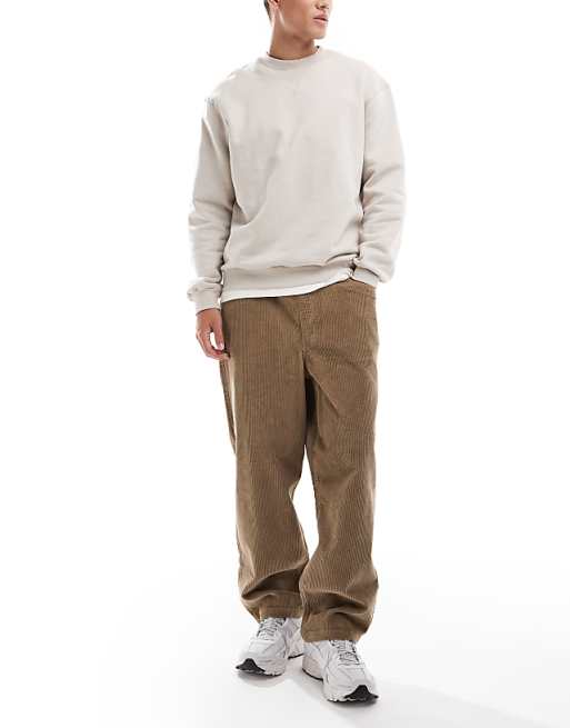 ASOS DESIGN Oversized Tapered Pull On Trousers In Beige Corduroy