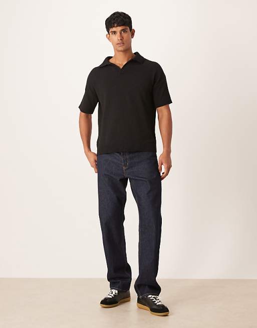 ASOS DESIGN Oversized Textured Knitted Notch Neck Polo In Black