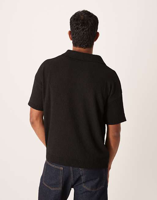 ASOS DESIGN Oversized Textured Knitted Notch Neck Polo In Black