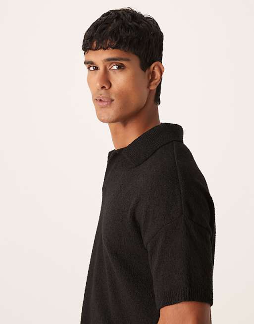 ASOS DESIGN Oversized Textured Knitted Notch Neck Polo In Black