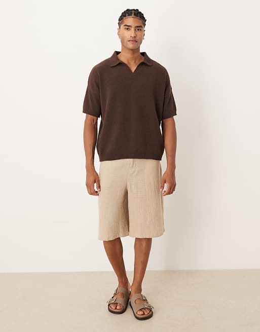 ASOS DESIGN Oversized Textured Knitted Notch Neck Polo In Brown