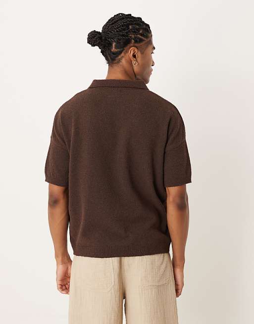 ASOS DESIGN Oversized Textured Knitted Notch Neck Polo In Brown