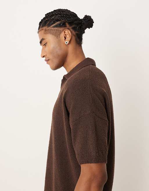 ASOS DESIGN Oversized Textured Knitted Notch Neck Polo In Brown