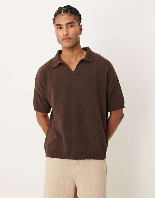 ASOS DESIGN oversized textured knitted notch neck polo in brown