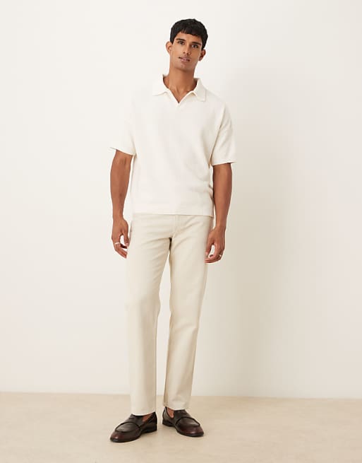 ASOS DESIGN Oversized Textured Knitted Notch Neck Polo In Ecru