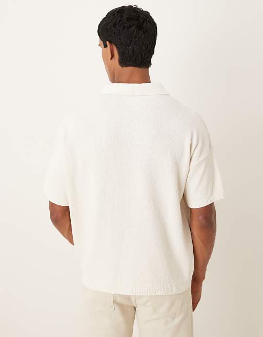 ASOS DESIGN Oversized Textured Knitted Notch Neck Polo In Ecru