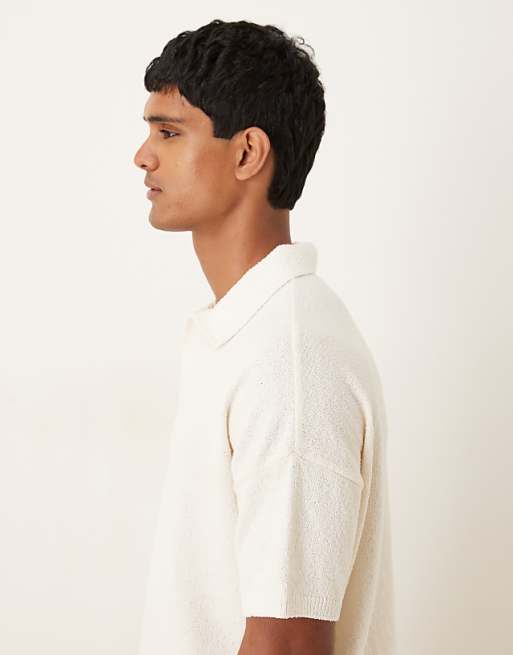 ASOS DESIGN Oversized Textured Knitted Notch Neck Polo In Ecru