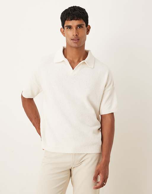 ASOS DESIGN oversized textured knitted notch neck polo in ecru