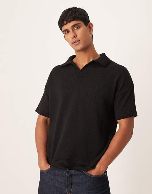 ASOS DESIGN oversized textured knitted notch neck polo in black ASOS DESIGN oversized textured knitted notch neck polo in black
