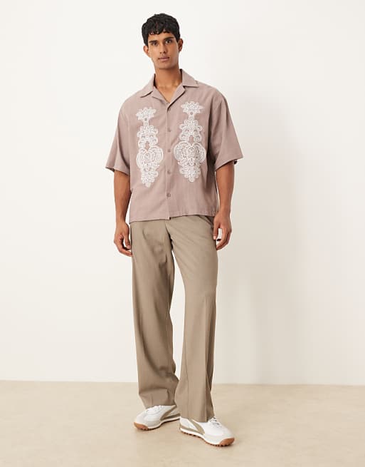 ASOS DESIGN Oversized Textured Shirt With Embroidery In Brown