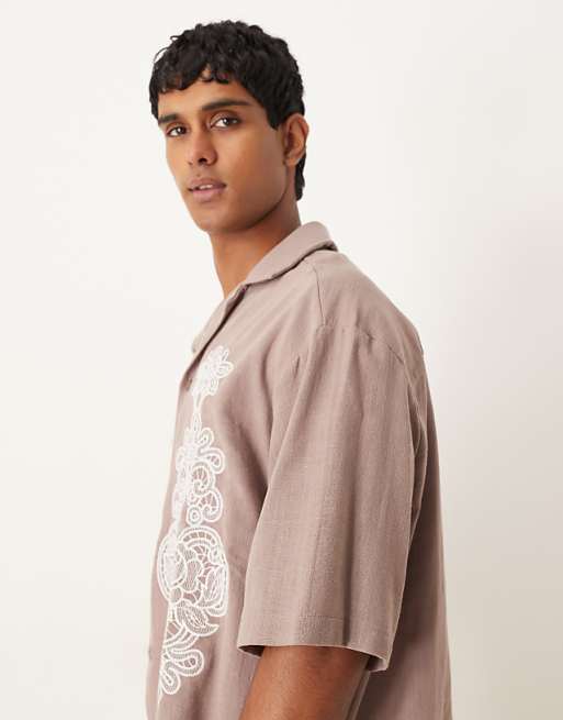 ASOS DESIGN Oversized Textured Shirt With Embroidery In Brown