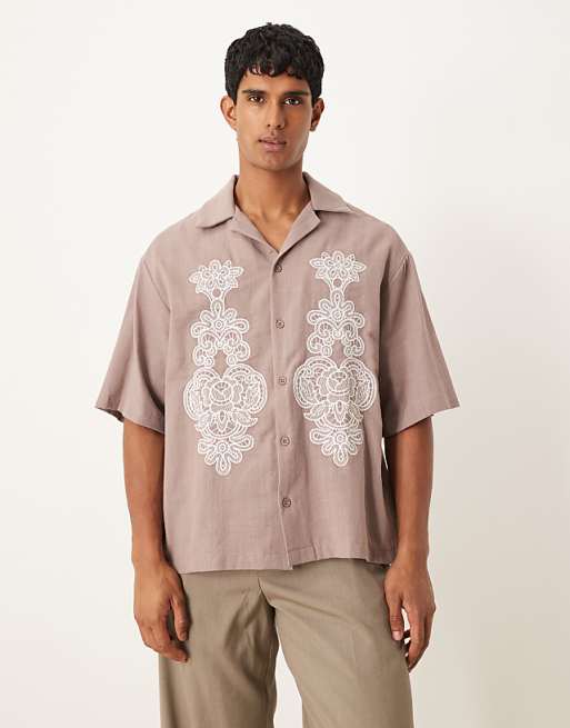 ASOS DESIGN oversized textured shirt with embroidery in brown