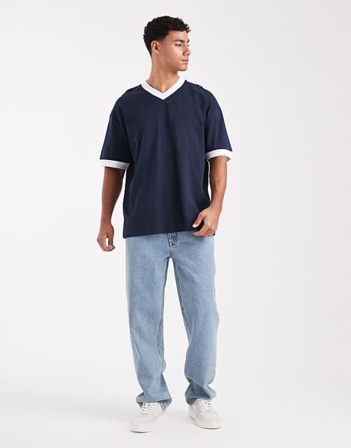 ASOS DESIGN Oversized V Neck T-shirt With Contrast Binding In Navy