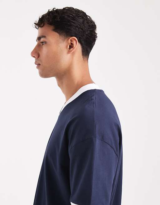 ASOS DESIGN Oversized V Neck T-shirt With Contrast Binding In Navy