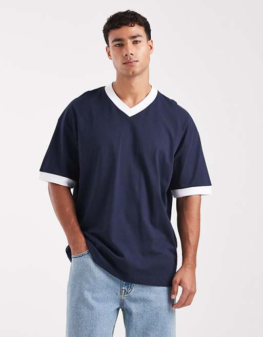 ASOS DESIGN oversized v neck t-shirt with contrast binding in navy