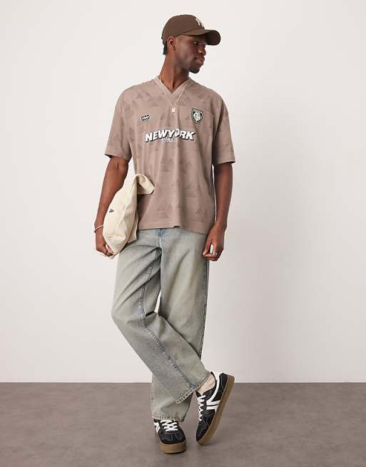 ASOS DESIGN Oversized V-neck T-shirt With Sports Graphic In Stone