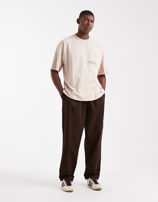 ASOS DESIGN Oversized Washed Pocket Tee With Embroidery Chest Graphic In Stone