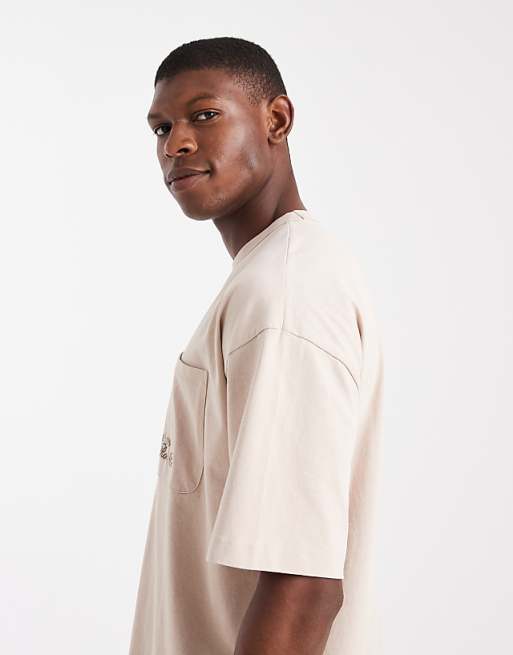 ASOS DESIGN Oversized Washed Pocket Tee With Embroidery Chest Graphic In Stone