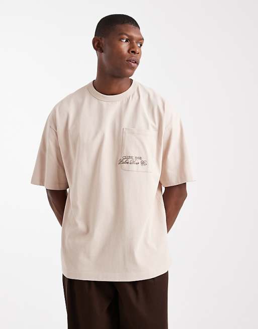 ASOS DESIGN oversized washed pocket tee with embroidery chest graphic in stone