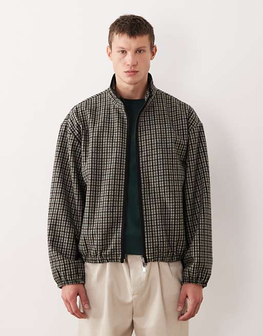 ASOS DESIGN oversized wool look track jacket in green check