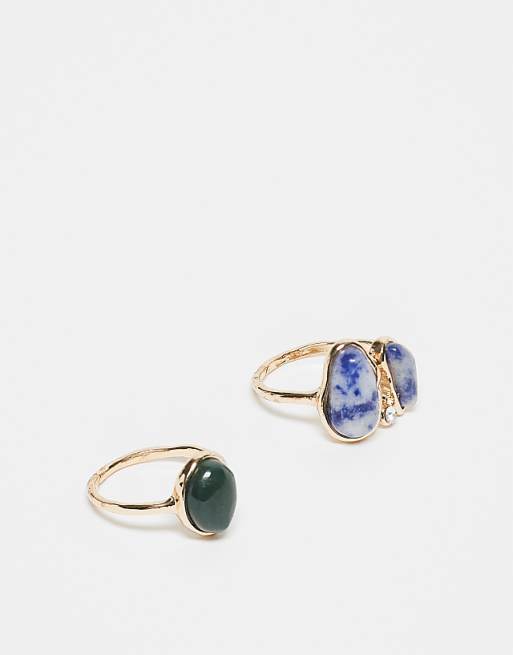 ASOS DESIGN pack of 2 rings with faux semi-precious stone settings in gold tone