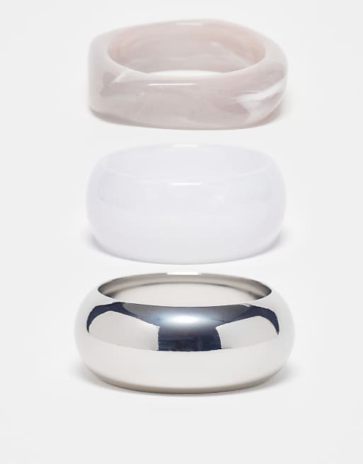 ASOS DESIGN pack of 3 bangle bracelets in resin and metal in silver tone