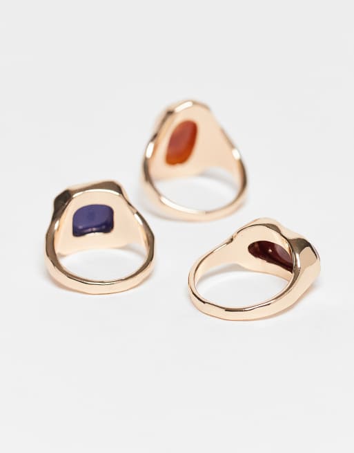 ASOS DESIGN Pack Of 3 Mixed Faux Semi Precious Stone Rings In Gold Tone