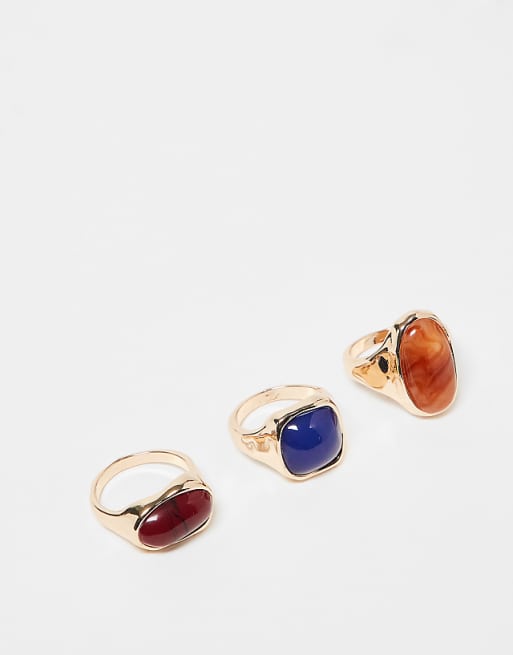 ASOS DESIGN pack of 3 mixed faux semi precious stone rings in gold tone