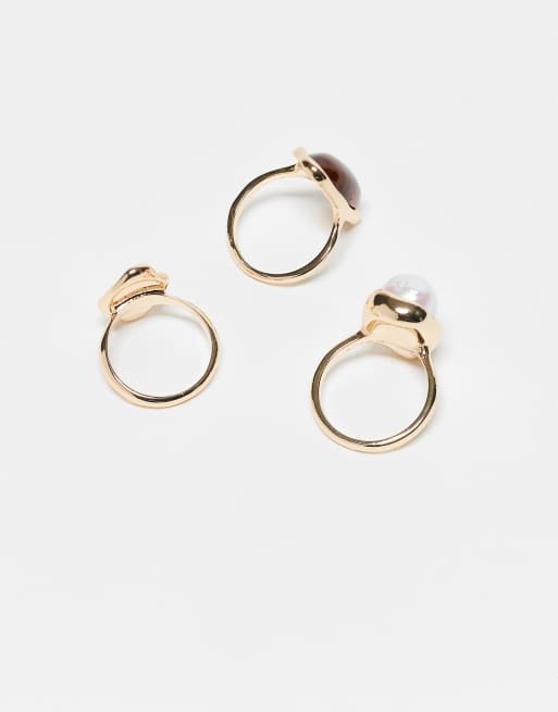 ASOS DESIGN Pack Of 3 Rings With Faux Pearl And Molten Design In Gold Tone