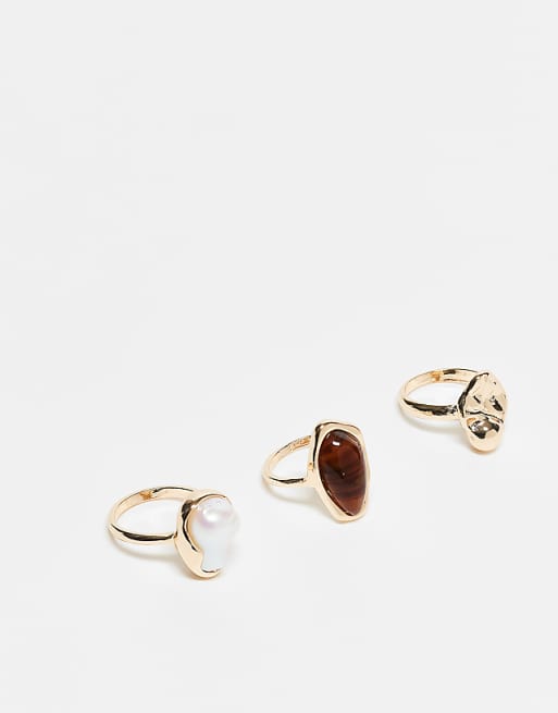 ASOS DESIGN pack of 3 rings with faux pearl and molten design in gold tone