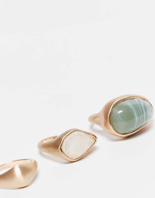 ASOS DESIGN Pack Of 3 Rings With Faux Semi Precious Stone Set In Brushed Gold Tone