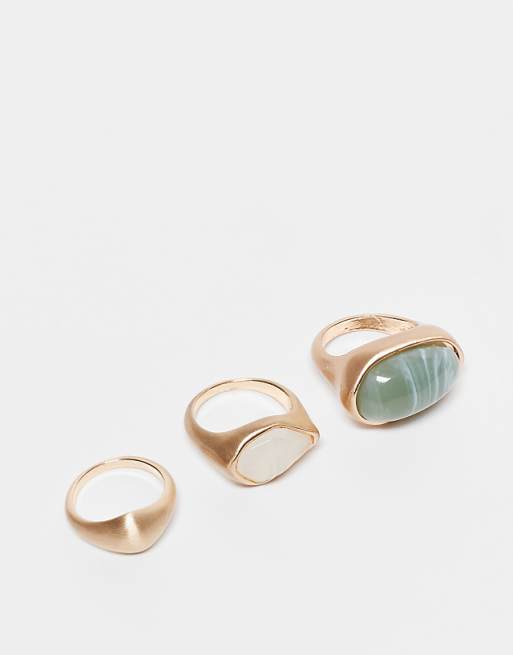 ASOS DESIGN pack of 3 rings with faux semi precious stone set in brushed gold tone
