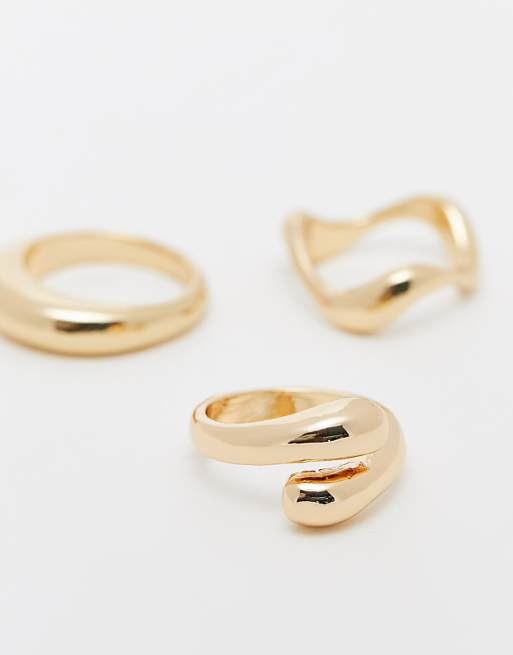ASOS DESIGN Pack Of 3 Rings With Mixed Minimal Designs In Gold Tone