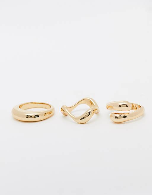 ASOS DESIGN Pack Of 3 Rings With Mixed Minimal Designs In Gold Tone
