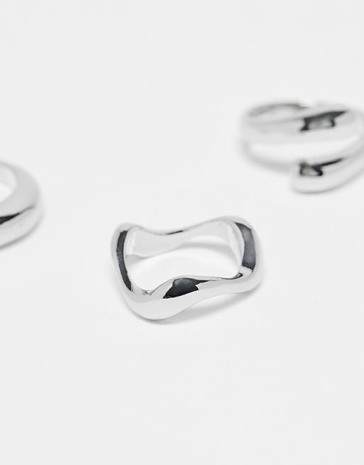 ASOS DESIGN Pack Of 3 Rings With Mixed Minimal Designs In Silver Tone