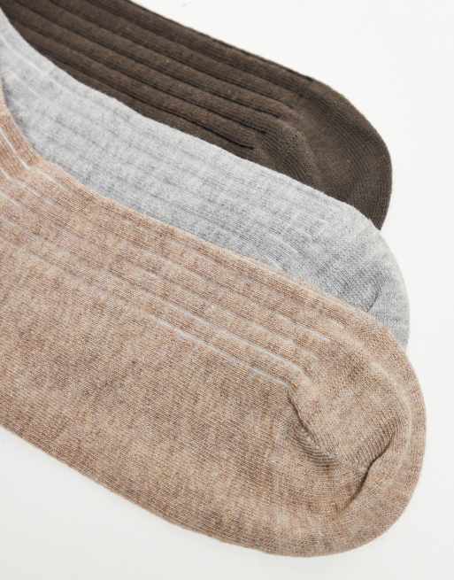 ASOS DESIGN Pack Of 3 Soft Ribbed Socks In Chocolate Brown Oatmeal And Grey Marl